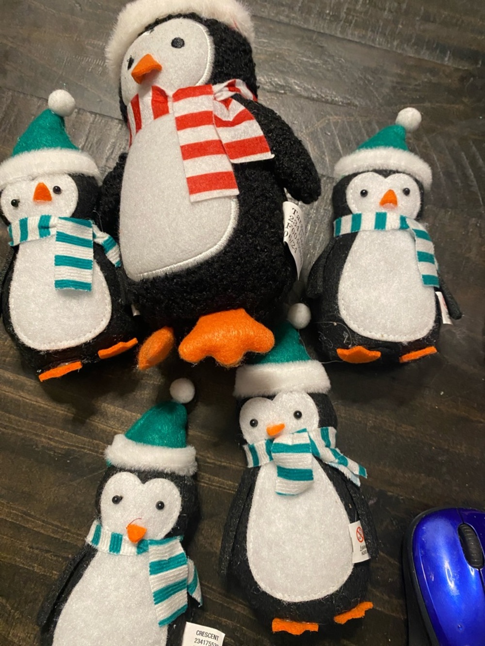Set of 5 Plush Holiday Penguins - Black, White, Orange, Teal Hats & Scarves M216